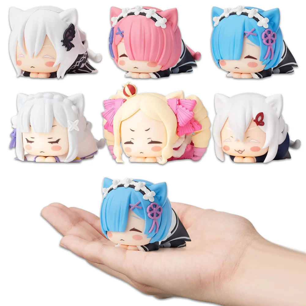 Re:Zero Rem, Emilia & Ram Cat Ears Lying Figure | 4CM Kawaii Mini Collectible Set